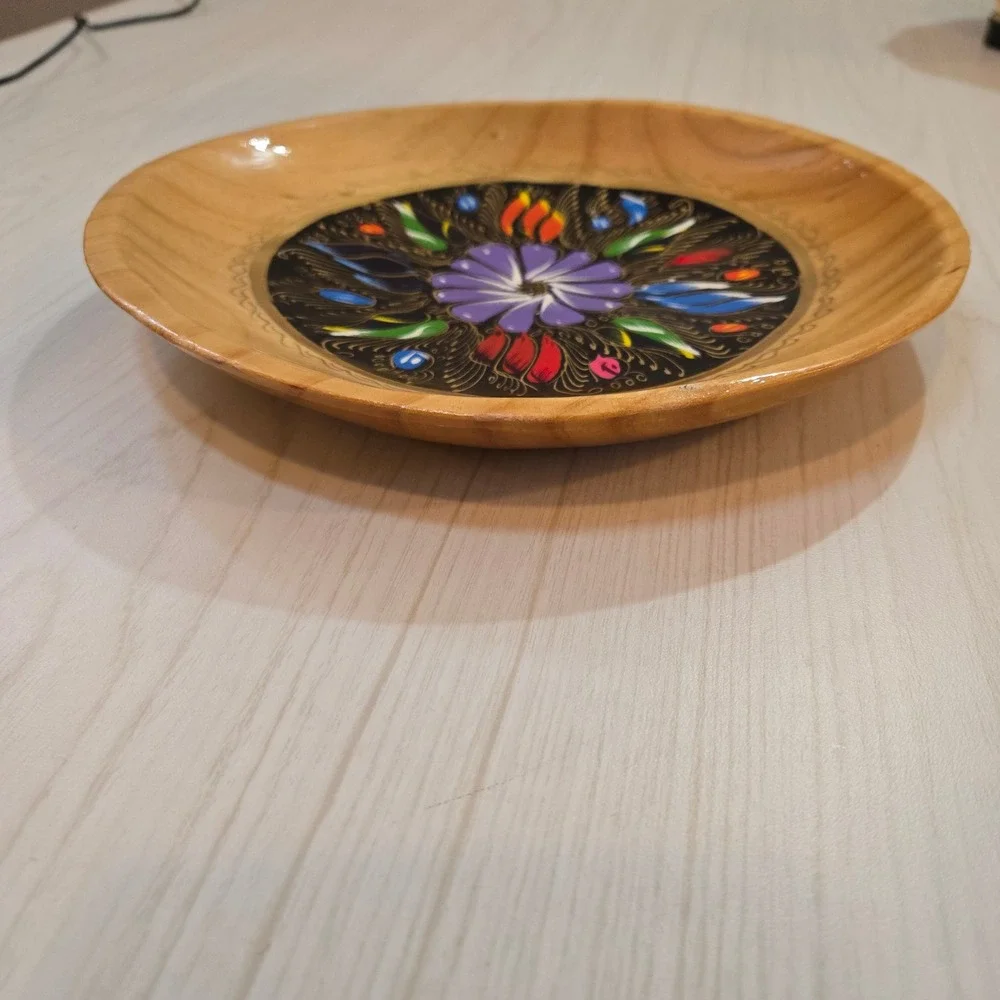 Hand Painted Wood Decorative Plate Floral Mandala Folk Art Glossy Brown Purple